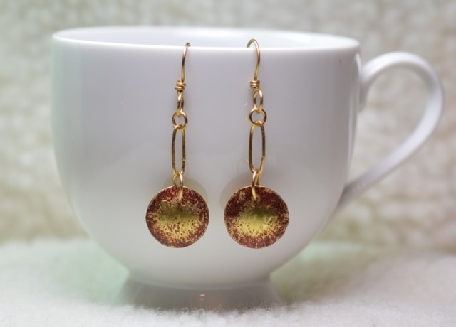 Textured Brass Disc Dangle Earrings with Red Accent
