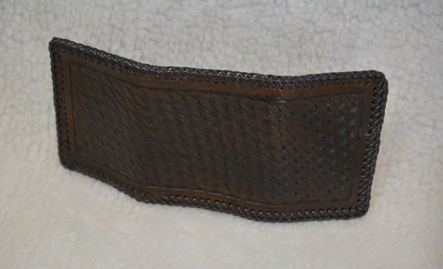 Tri Fold Leather Wallet Basketweave Design Dark Brown - Outside Open View